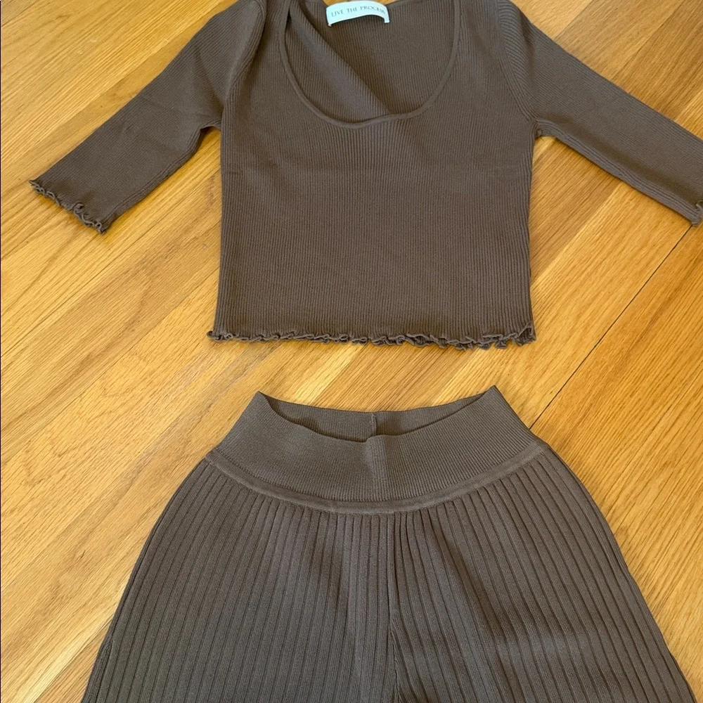 Live The Process Brown Ribbed Wide Leg Pants Set - Picture 2 of 4